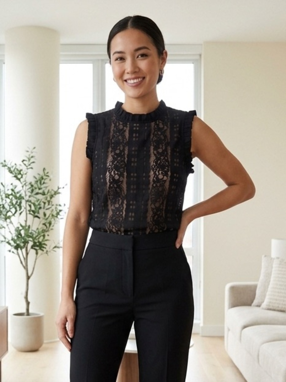 English Factory Black Lace Ruffle-Trim Sleeveless Camisole with Nude Lining